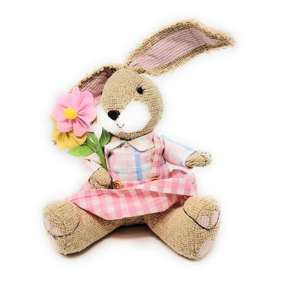 Plush Easter Bunny with Flowers Shelf or Table 10" Rabbit Party Decor - Picture 2 of 5